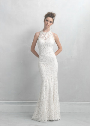 Halter Neck Backless Ivory Lace Long Beaded Wedding Dress 